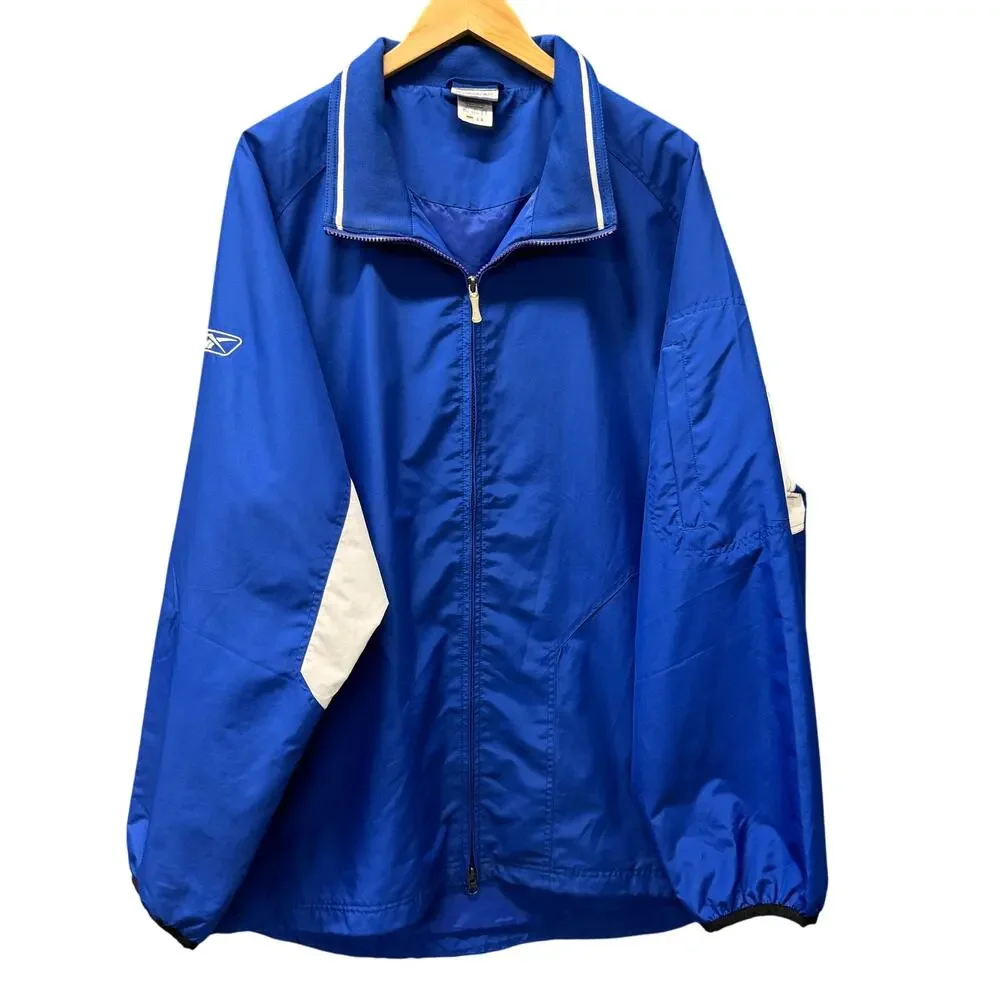 Reebok Jacket Mens XL Blue White Full Zip Retro Windbreaker + Pockets‎ Vintage